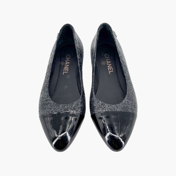 Chanel CC Cap Toe Ballet Flats Black Silver Leather Size 37.5 US 6.5–7 Women - Picture 3 of 15